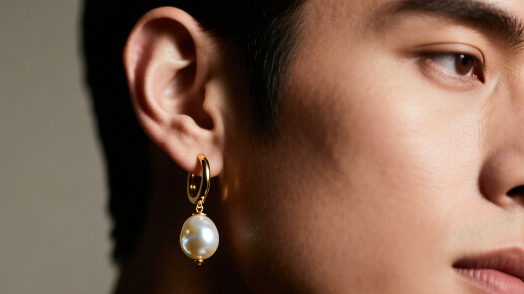 Male ear wearing a 14k yellow gold continuous hoop earring with a small baroque pearl drop, soft cinematic lighting.