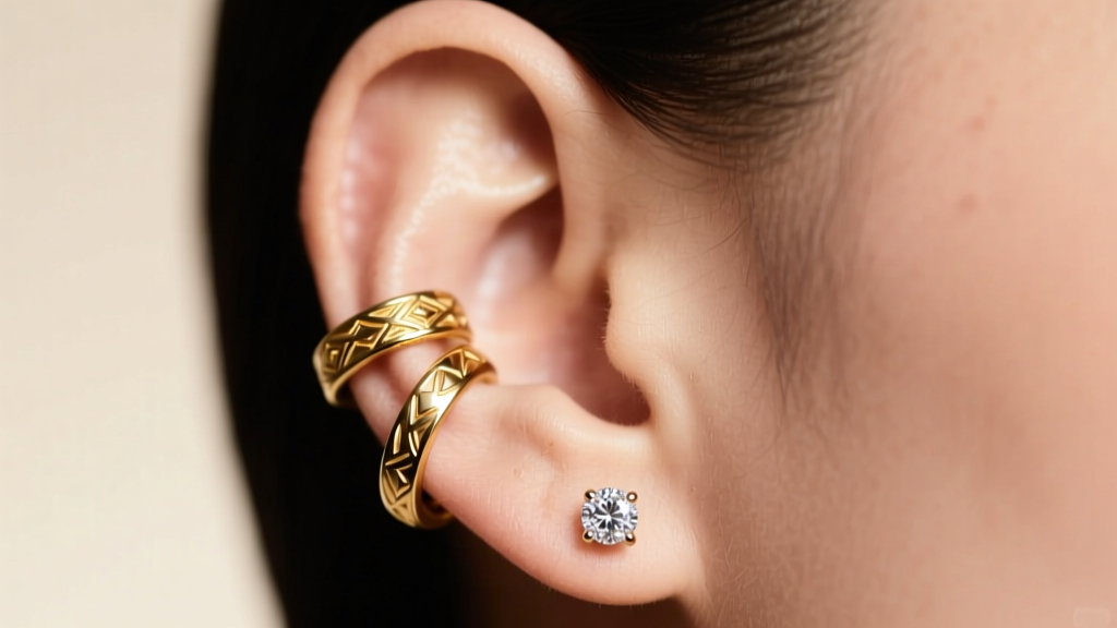 Left ear close-up showing an asymmetrical stack with a 14k gold helix cuff and diamond lobe stud under soft studio lighting.