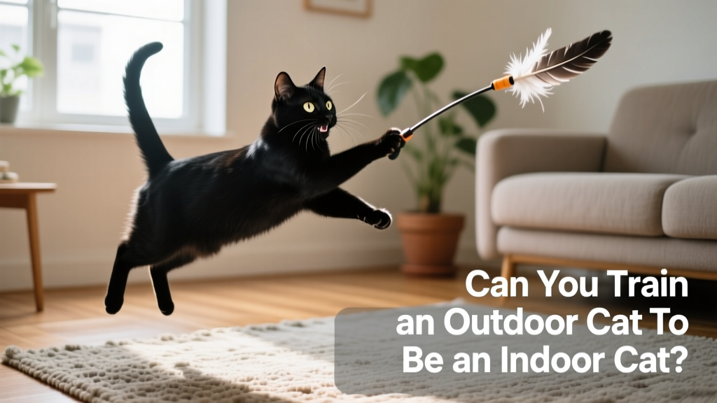 A happy, healthy indoor cat playing with a feather wand toy under soft natural light