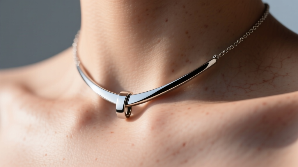 Close-up of a polished titanium pendant necklace on a human collarbone, highlighting smooth metal edges and clear skin texture
