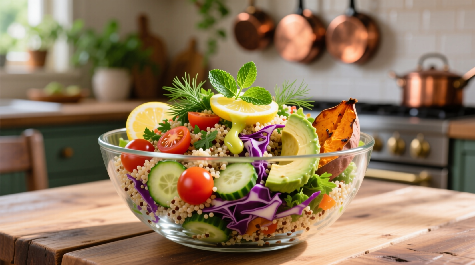Colorful quinoa salad in glass bowl with fresh herbs