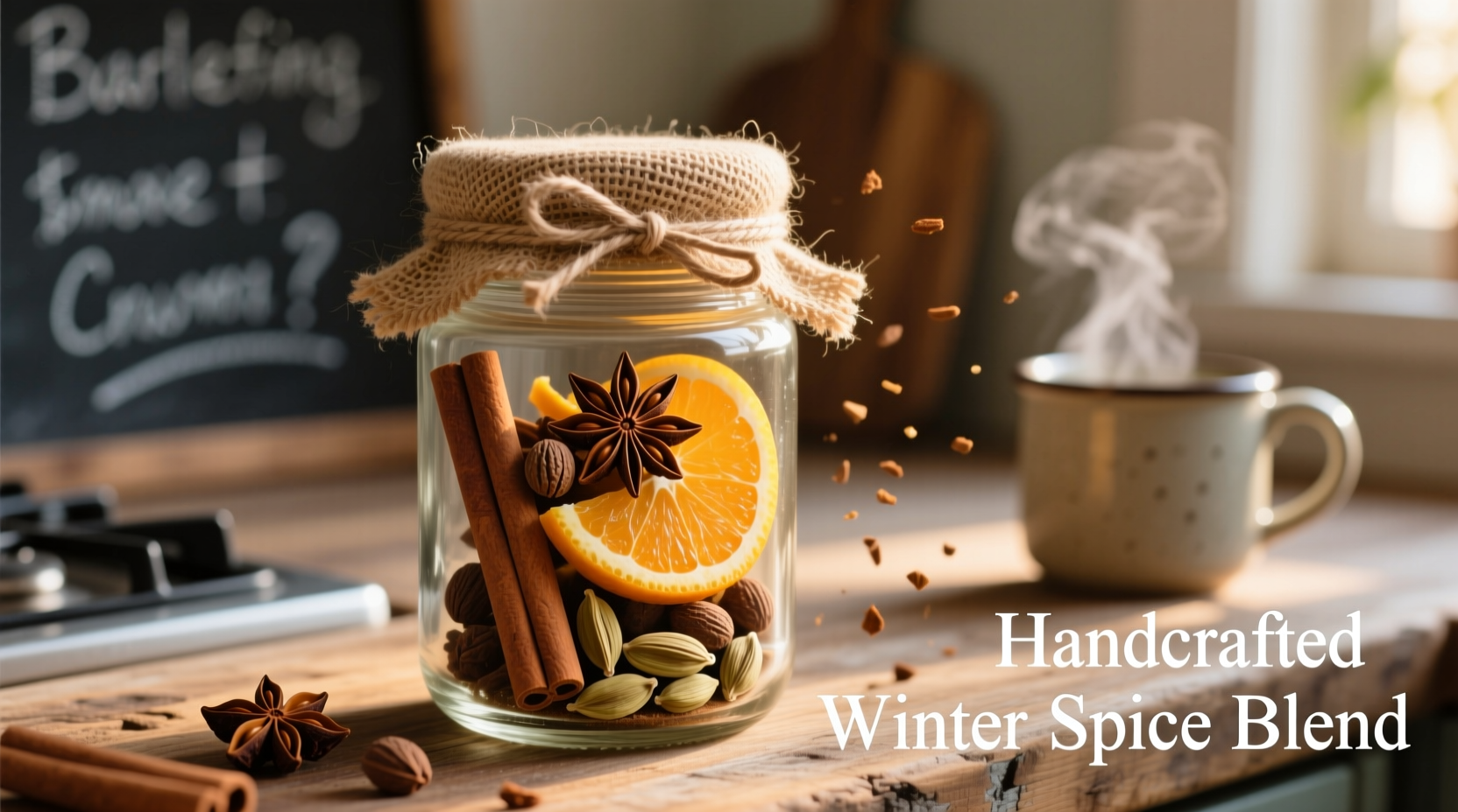 Homemade mulling spices in glass jar with cinnamon sticks