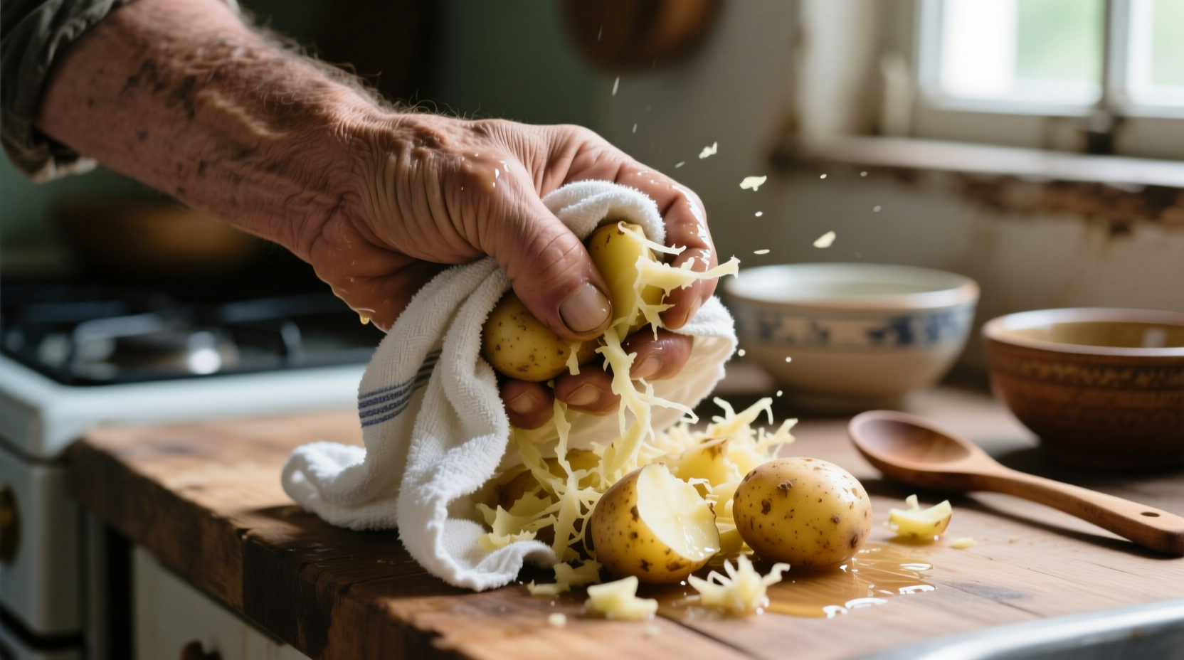 Hand squeezing shredded potatoes in kitchen towel