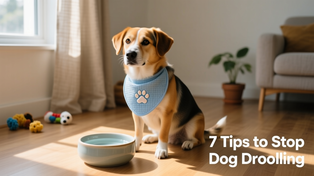 Dog wearing a soft blue drool bib while sitting calmly beside a water bowl