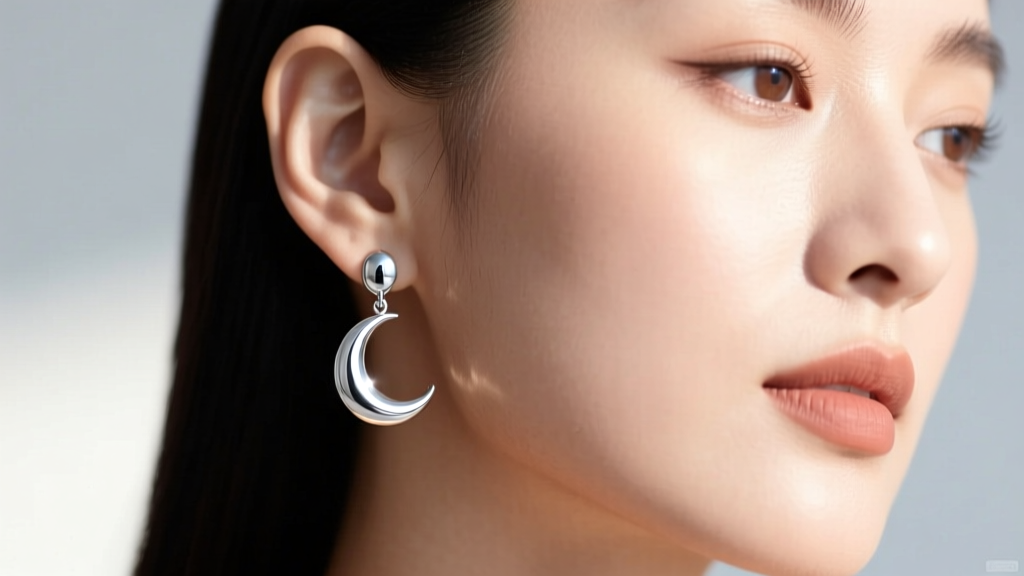 Profile of woman wearing silver moon drop earrings, showing secure backings and polished metal against skin in bright daylight