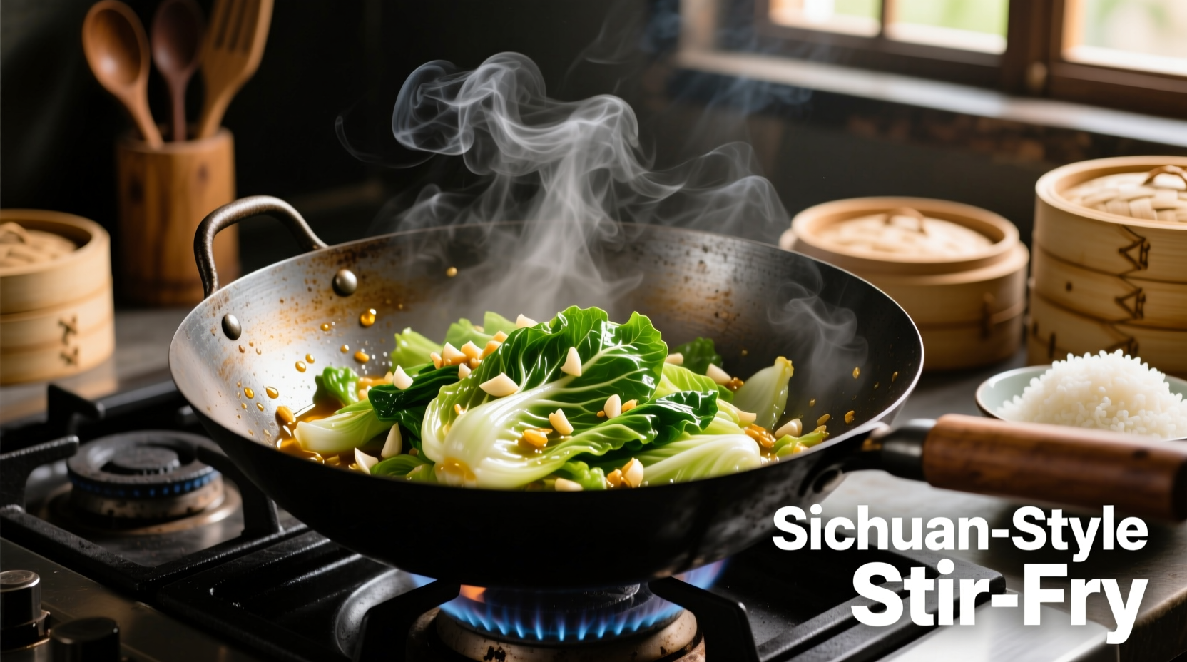 Freshly stir-fried napa cabbage in wok with garlic