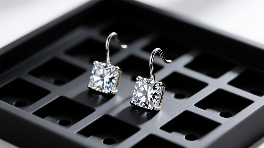 Macro shot of 18-gauge diamond drop earrings inserted into precisely drilled 1.5mm holes on a matte black silicone organizer tray.