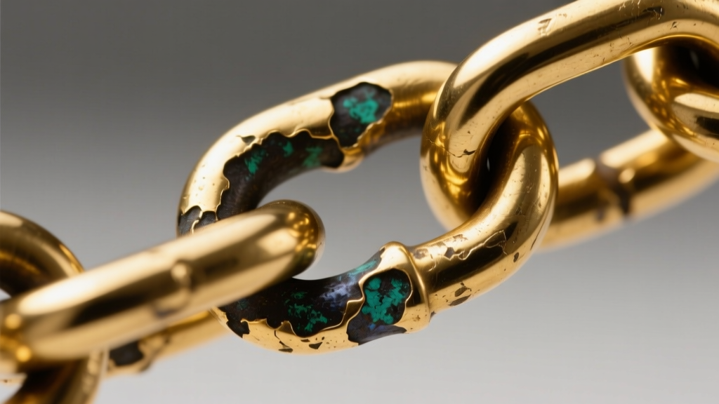 Close-up of a gold-plated brass chain link where the gold layer has worn off, exposing the dark oxidized base metal underneath it.
