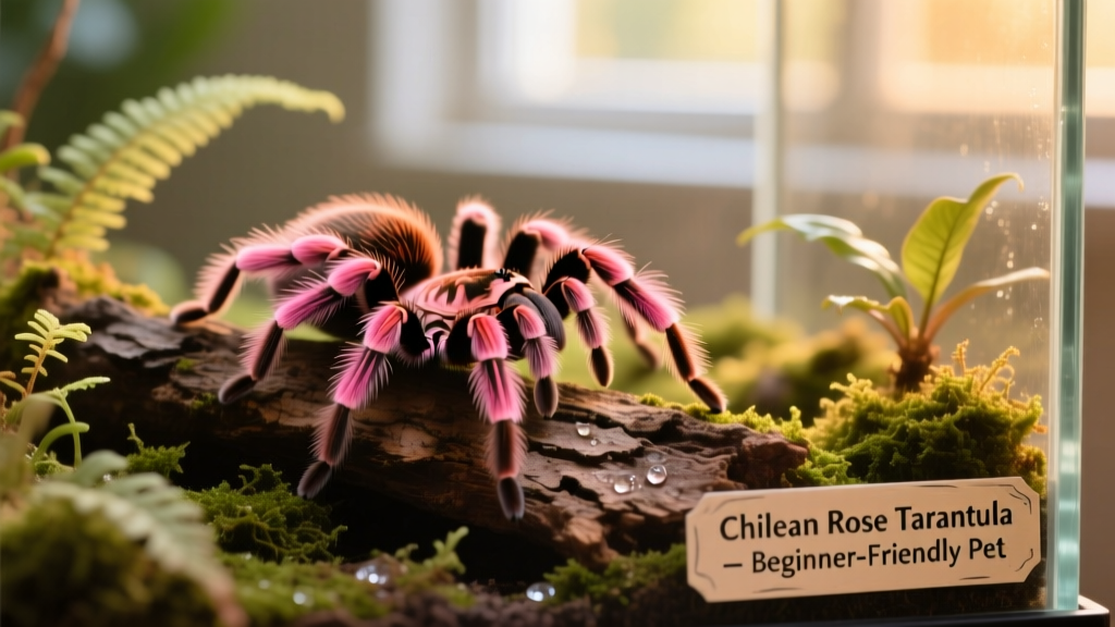 Close-up of a Chilean rose tarantula resting on textured bark in a well-planted terrarium