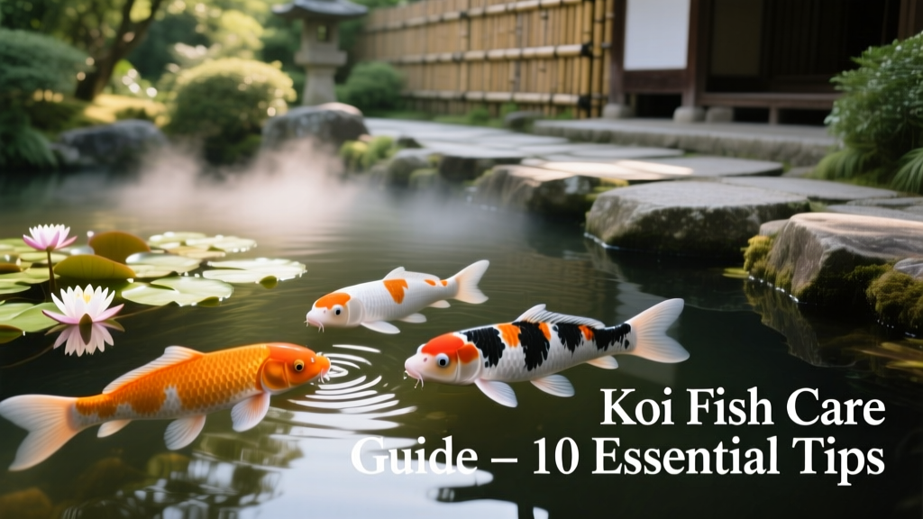 A serene outdoor koi pond with vibrant orange, white, and black koi swimming near water lilies