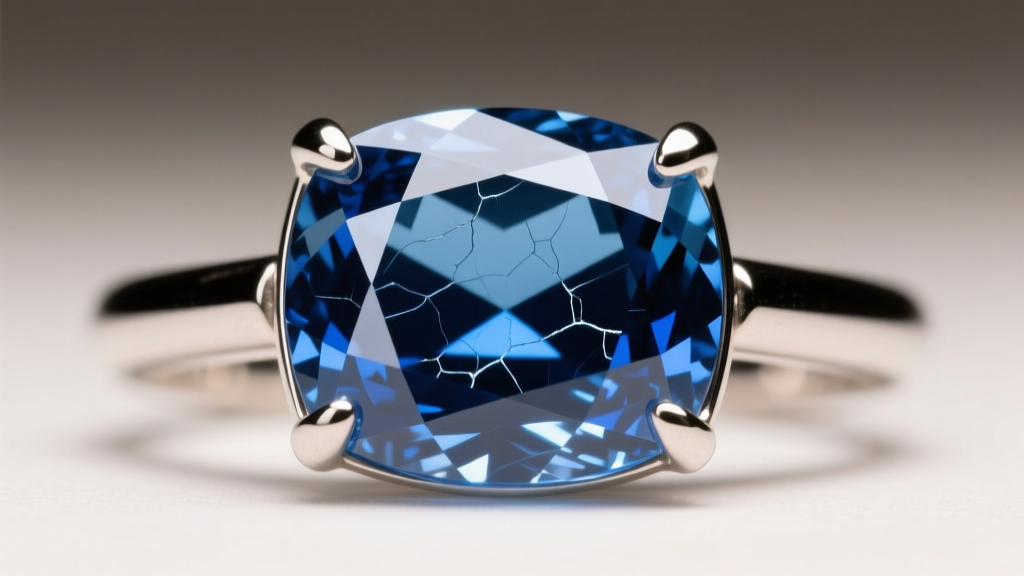Close-up of Ceylon blue sapphire in platinum bezel, showing color zoning and silk inclusions under bright jeweler lighting