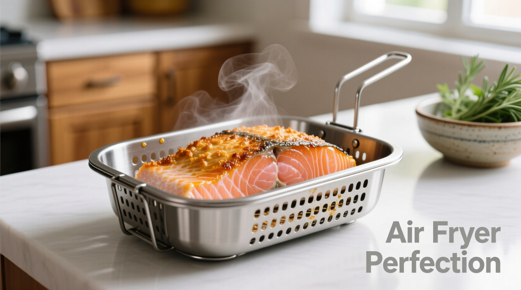 Perfectly cooked salmon fillet in air fryer basket