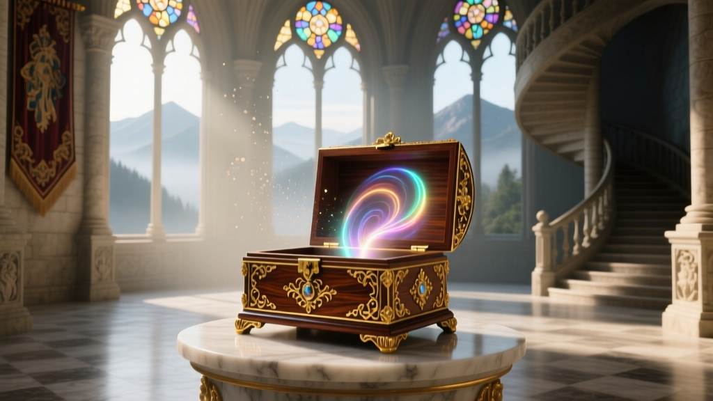 Digital render of an ornate mahogany and gold-leaf jewelry box glowing with teleportation magic inside a grand castle room