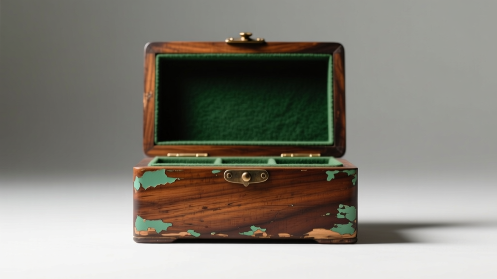 Close-up of vintage mahogany jewelry box with peeling degraded green felt lining exposing raw wood grain, soft studio lighting.