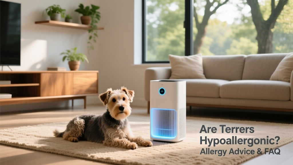A modern living room with a calm terrier resting on a rug beside a sleek air purifier with visible HEPA filter indicator light