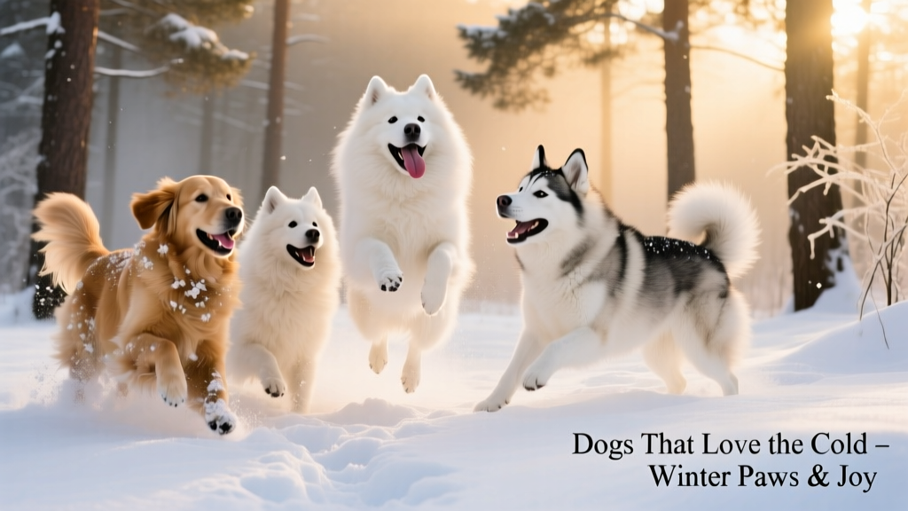 A group of fluffy dogs playing joyfully in deep snow