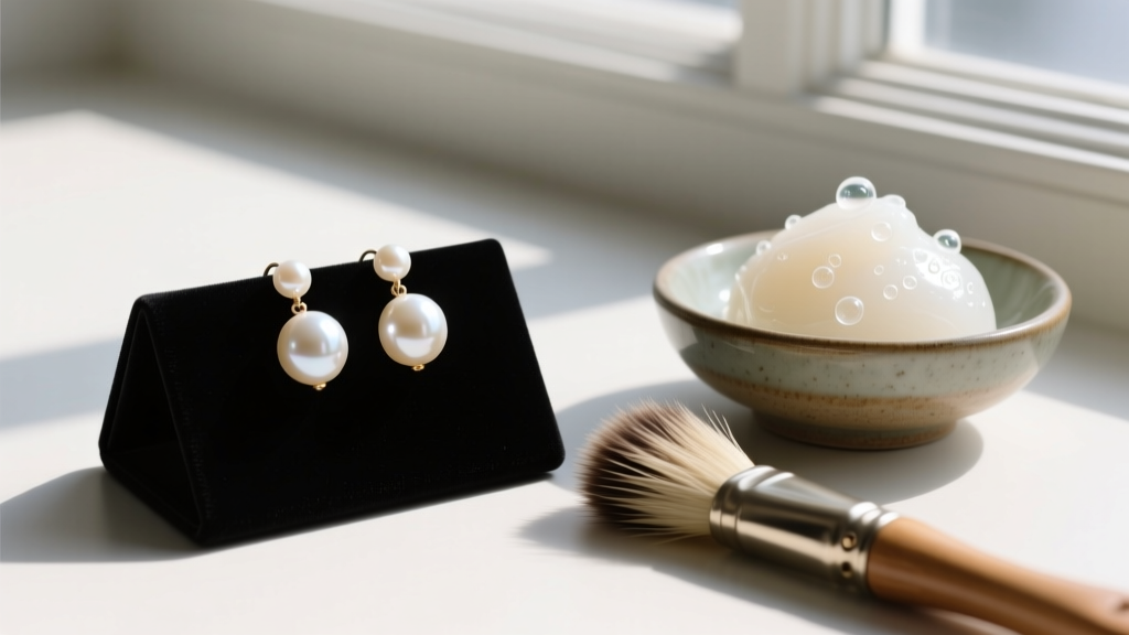 Flat lay of Pat Cheney pearl earrings on dark velvet next to a bowl of mild soap and a soft horsehair brush.