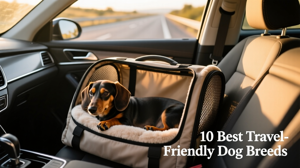 A Dachshund comfortably nestled in a soft, airline-approved pet carrier inside a car