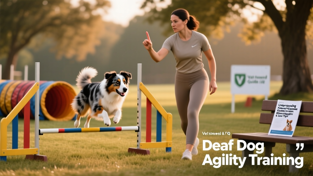 A trainer using hand signals to guide a deaf Australian Shepherd through an agility course