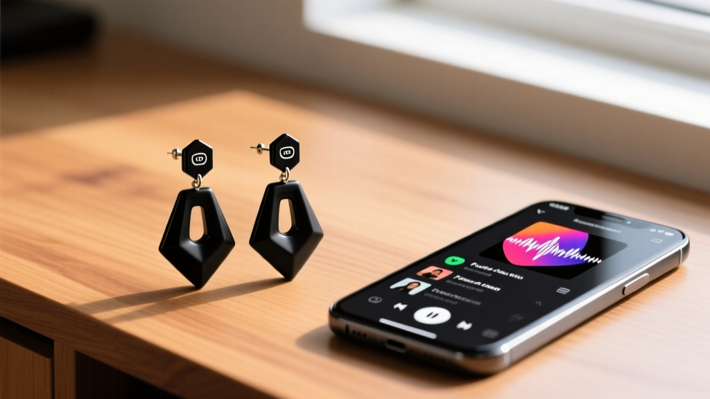 Black ceramic drop earrings with embedded NFC chips, displayed next to a smartphone showing a music playlist on a wooden desk.