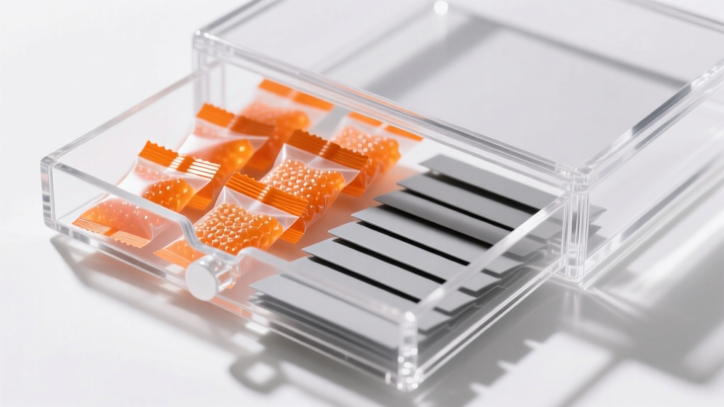 Orange indicating silica gel packets and grey anti-tarnish strips placed inside a clear airtight acrylic jewelry storage drawer