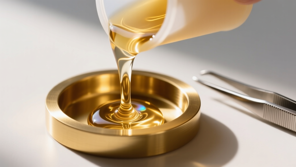 Macro shot of thick, clear epoxy resin being slowly poured from a silicone cup into a round gold bezel mold with tweezers nearby.