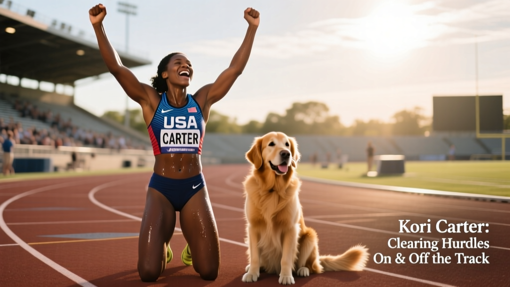 Kori Carter celebrating victory on the track with arms raised, wearing a Team USA singlet
