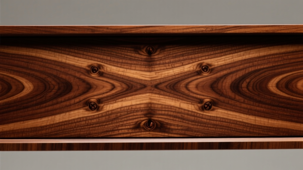 Macro view of American Black Walnut veneer showing bookmatched grain patterns and rich brown tones typical of 1950s casegoods