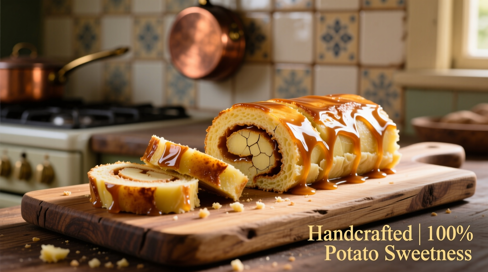 Homemade potato candy roll sliced on wooden board