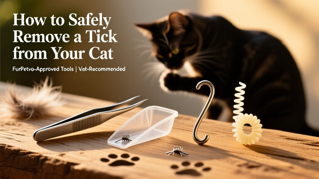 Assortment of FurPetVo-approved tick removal tools: tweezers, plastic scoop, metal tick key, and plastic twister