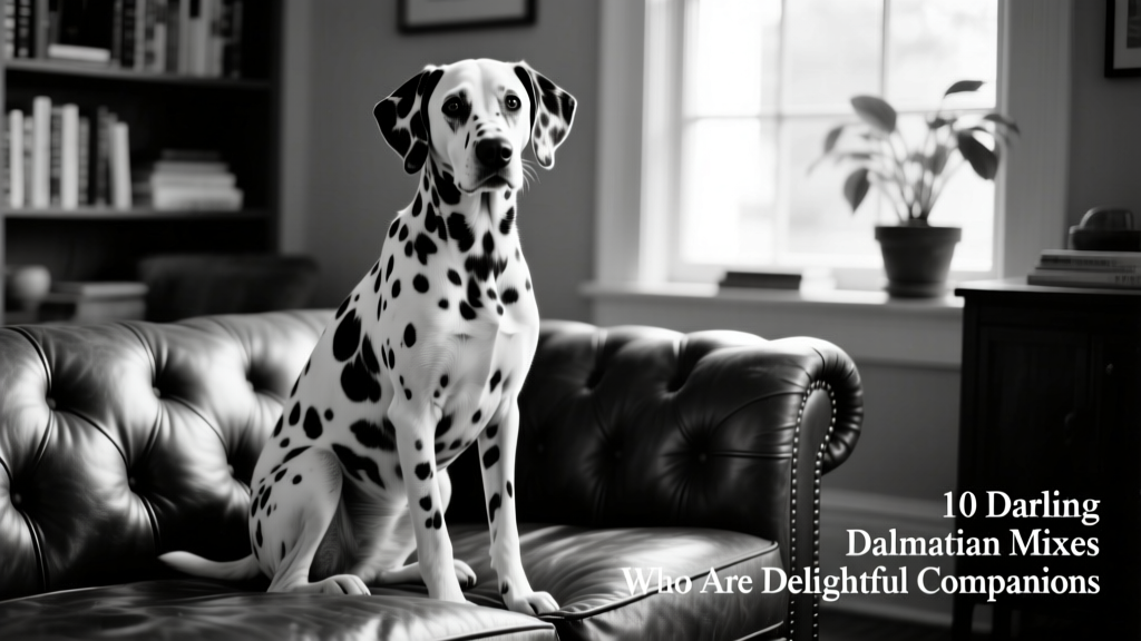 Black and white Dalmadoodle (Dalmatian Poodle mix) with spots sitting indoors on a leather couch