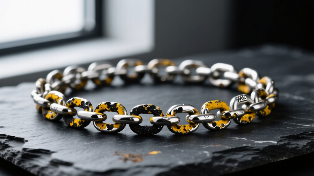 Macro photography of a heavily tarnished 925 sterling silver chain on dark slate, showing yellow and black silver sulfide layers.