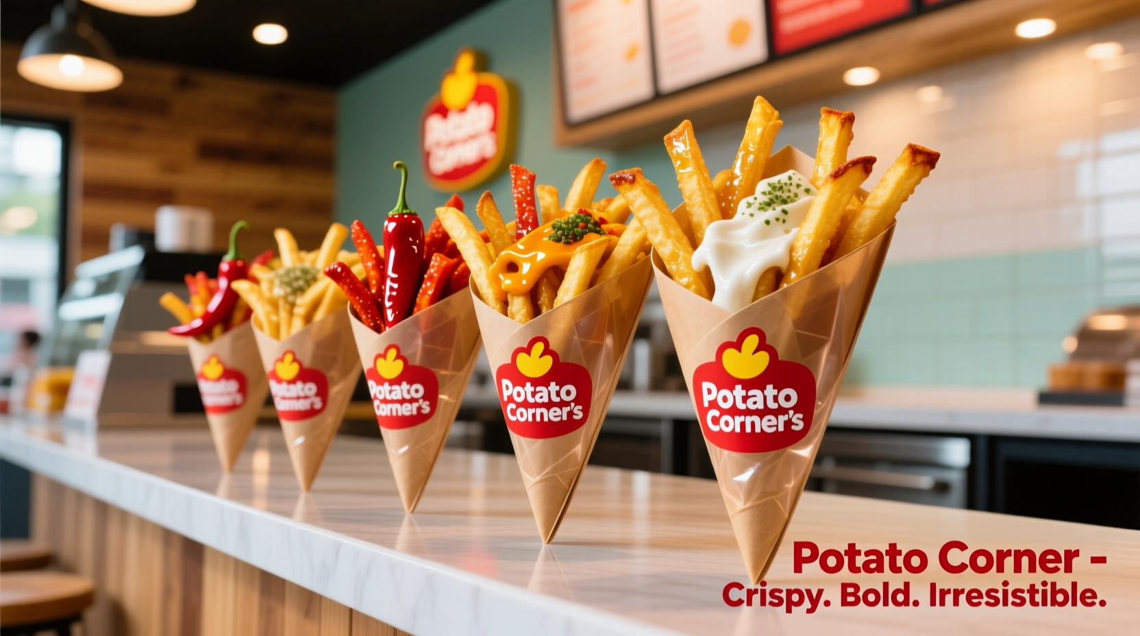 Colorful display of Potato Corner's signature flavored fries in paper cones