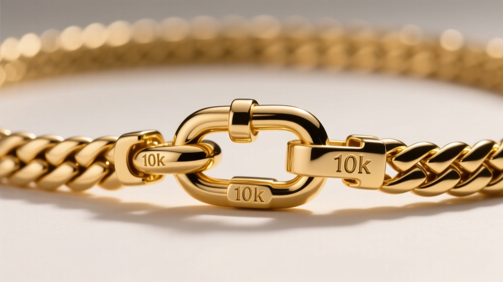 Close-up of a 10k gold herringbone chain showing a lobster claw clasp on a 4mm wide chain with crisp 10k purity hallmarks visible.