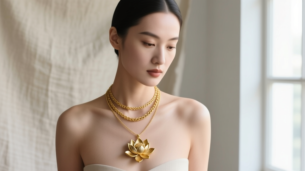 Woman wearing layered 16-inch and 18-inch gold lotus necklaces against a neutral linen background, emphasizing the pendant scale