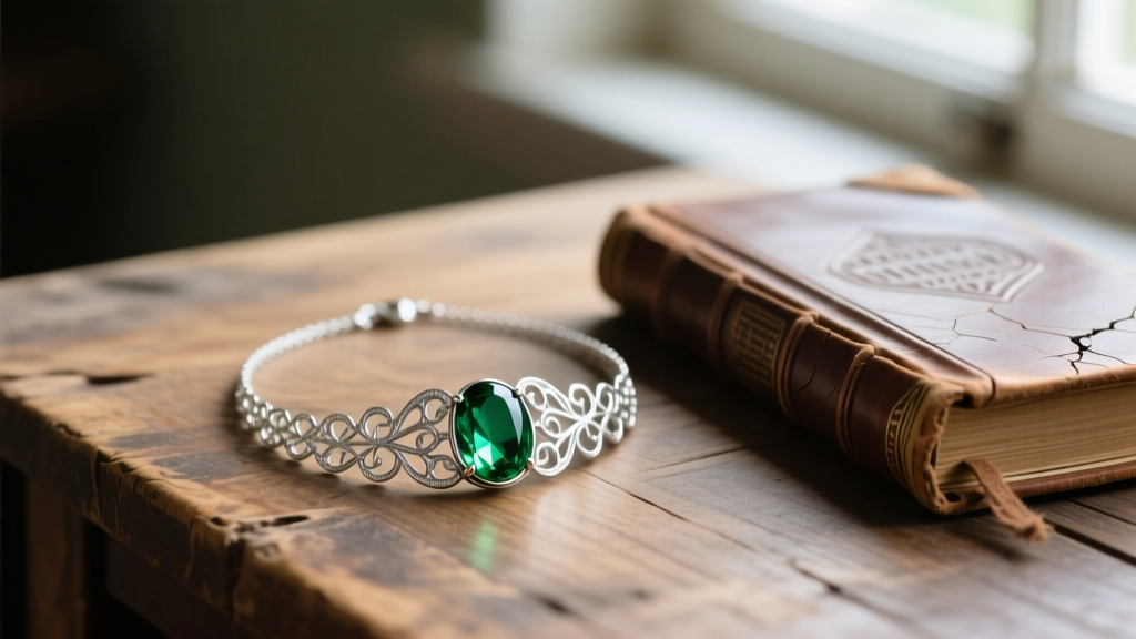Silver filigree necklace with a green peridot cabochon resting on a rustic wooden table next to a leather-bound vintage journal.