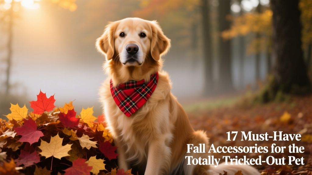 A golden retriever wearing a red buffalo plaid bandana, sitting beside a pile of fallen maple leaves