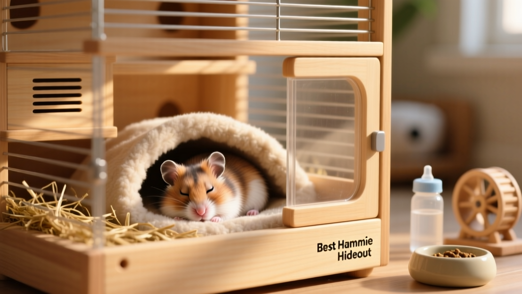 Close-up of a hamster sleeping peacefully in a soft, well-bedded corner of its cage