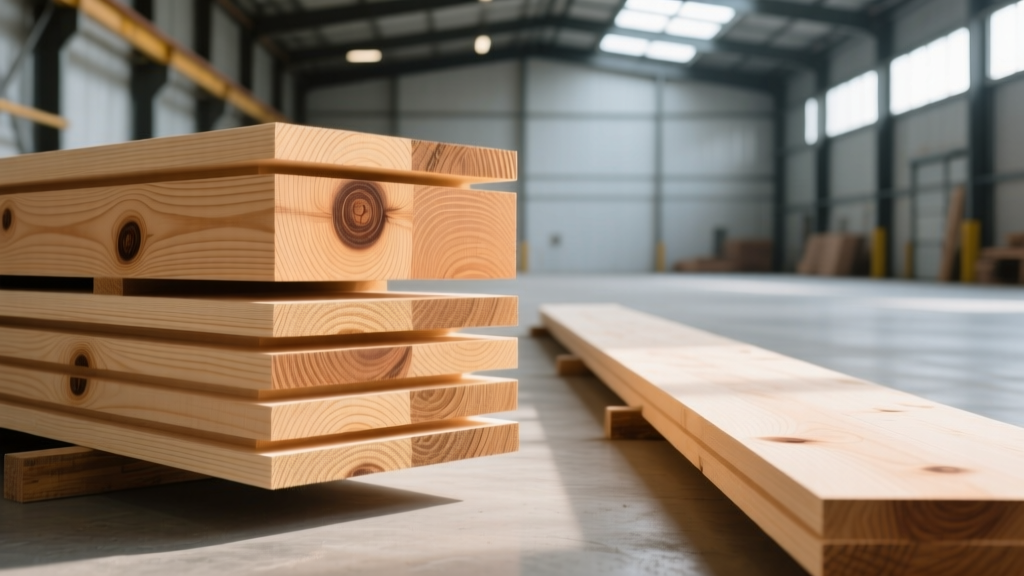 Close-up of stacked #2 grade spruce-pine-fir dimensional lumber with minor wane and knots next to prime grade boards in a warehouse