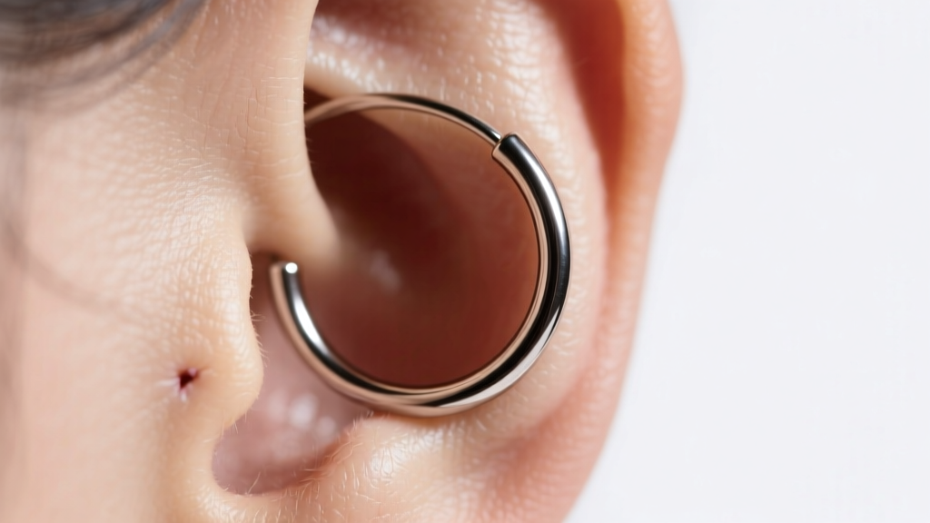 Macro shot of an 18-gauge titanium dangle earring wire in a healed earlobe, showing precise curvature under bright studio lighting