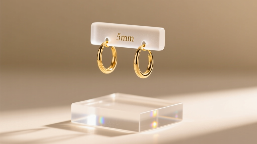 Close-up of 5mm frosted acrylic earring display stand holding delicate gold hoops, lit by warm overhead booth lighting.