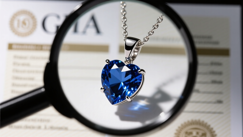 Close-up of a loupe examining a platinum prong setting on a blue heart pendant, with a GIA certificate blurred in the background.