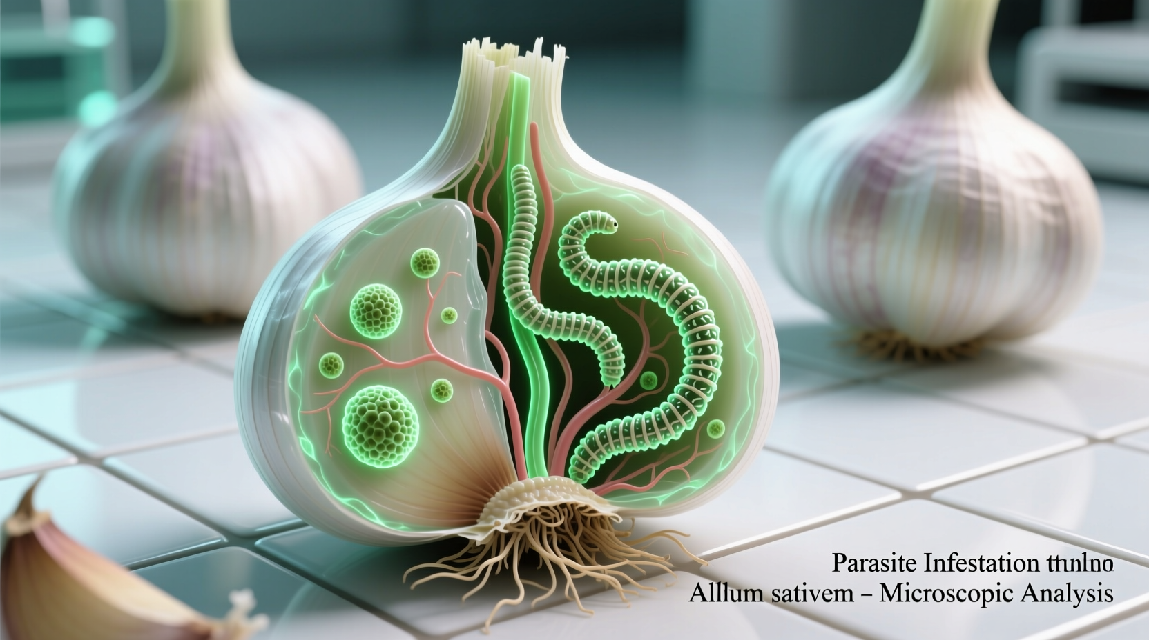 Garlic cloves with microscopic parasite illustration