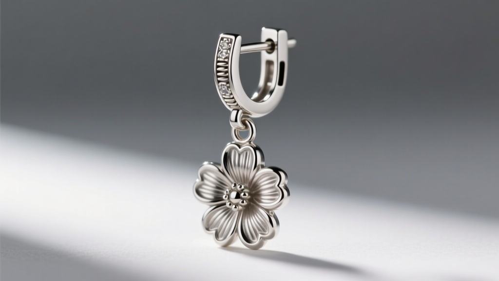 Macro shot of a sterling silver leverback clasp on a heavy floral dangle earring, highlighting the secure lock mechanism clearly