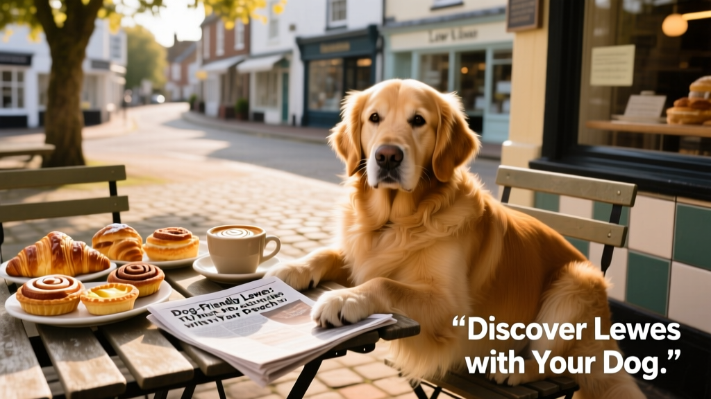 A golden retriever relaxing beside a table at a sunny outdoor café in Lewes, with pastries and coffee visible on the table