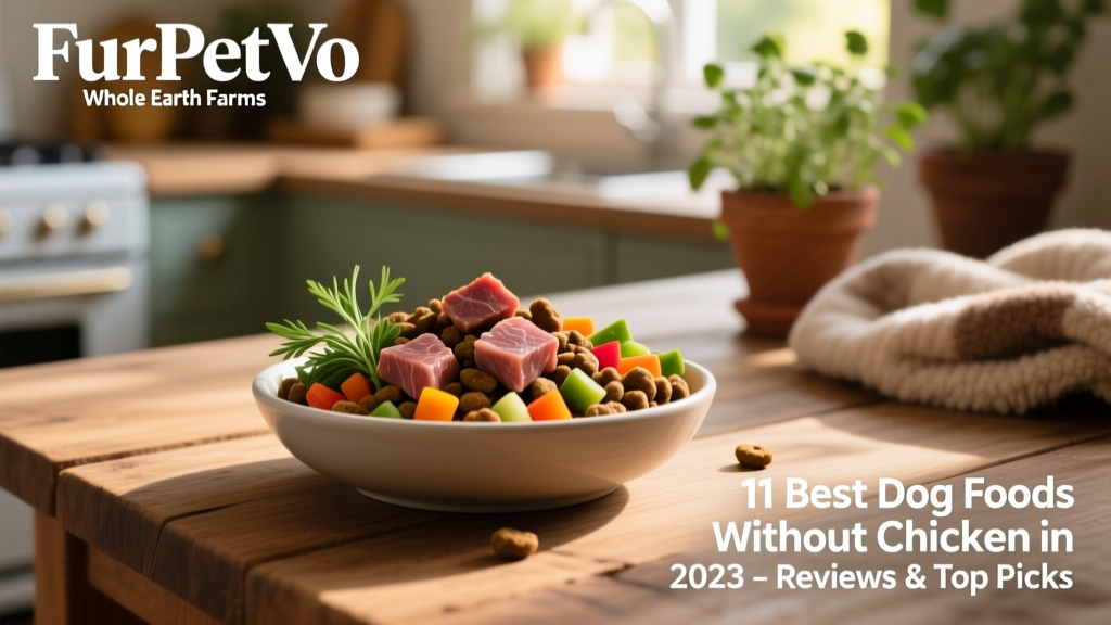 Bowl of FurPetVo Whole Earth Farms kibble with visible pieces of meat, herbs, and colorful vegetable bits