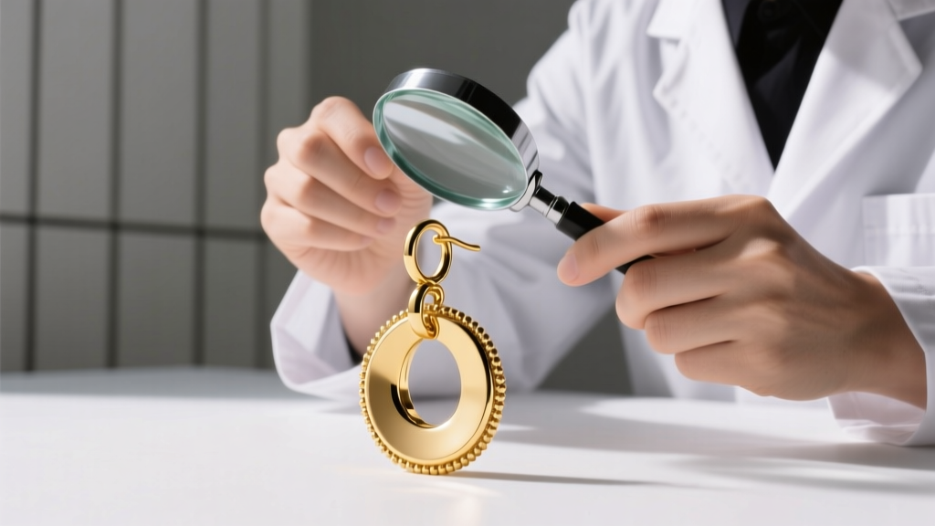 Jeweler inspecting the soldered jump ring on an 18k gold disc drop earring to ensure structural integrity and weight balance