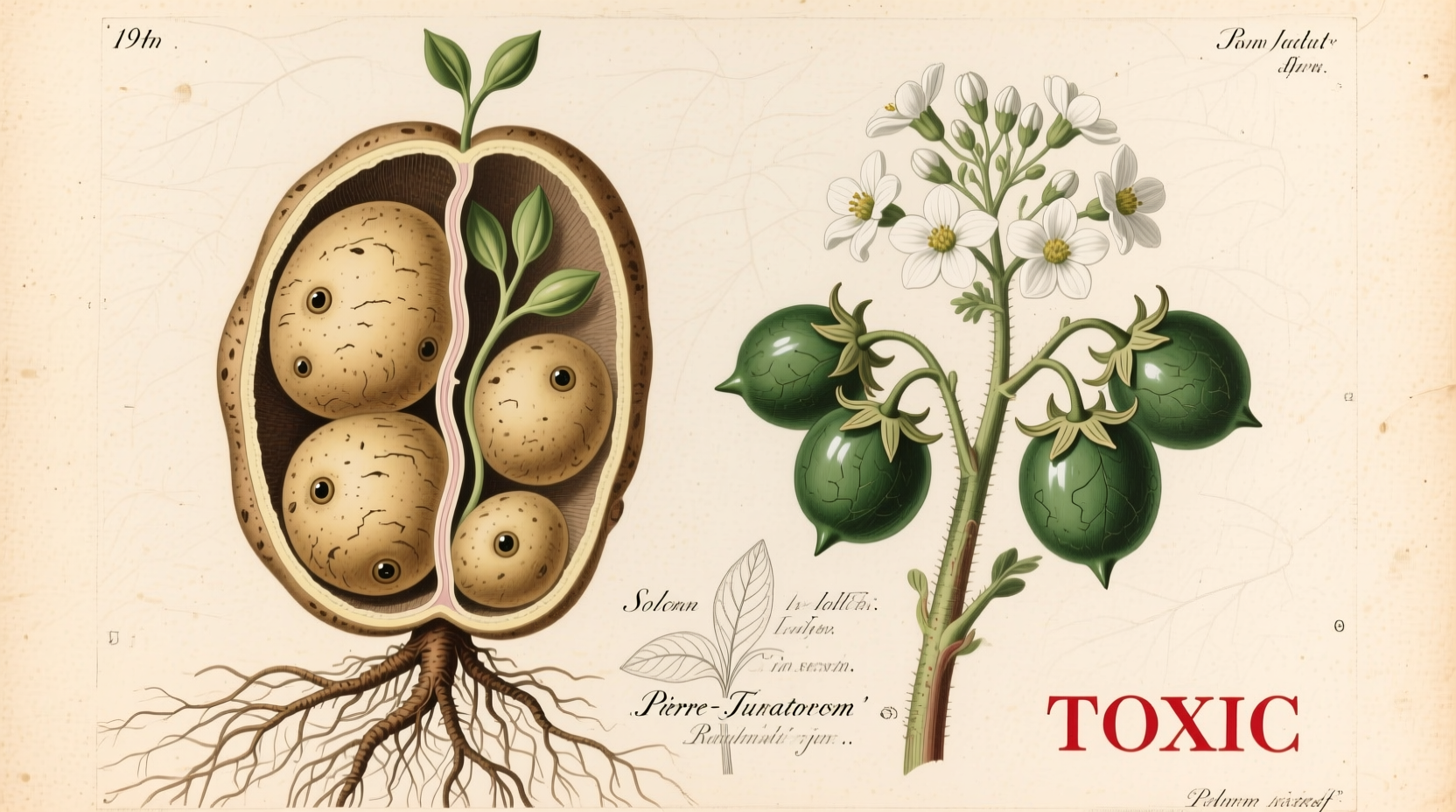 Potato plant showing tubers versus toxic fruit berries