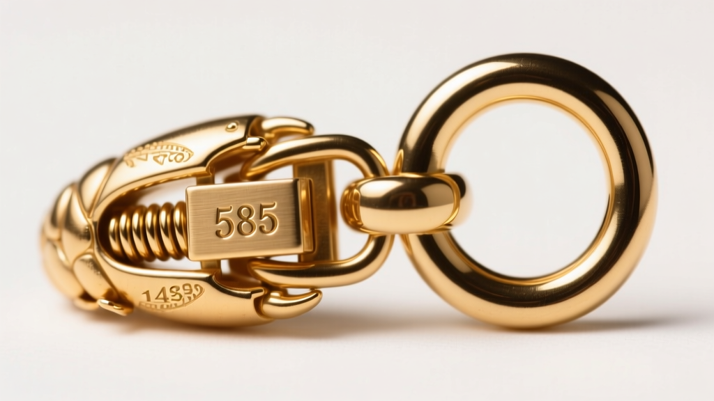 Macro photo of a 14k gold lobster clasp showing a 585 hallmark, highlighting the secure lock mechanism and thick jump ring.