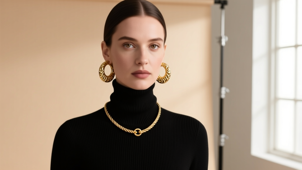 Woman in black turtleneck wearing 40mm hammered gold hoops and an 8mm rope chain necklace against a soft neutral studio backdrop